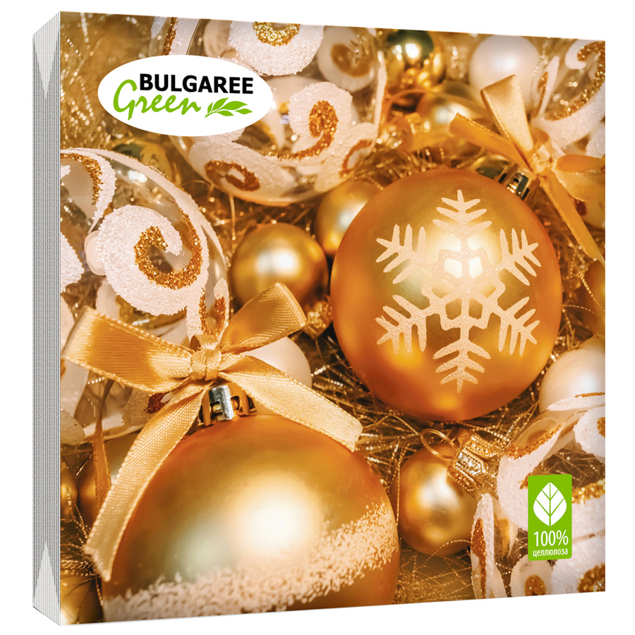 Салфетки бумажные Bulgaree Green новогодние "Золотые шары" 3слоя, 33*33см*20шт