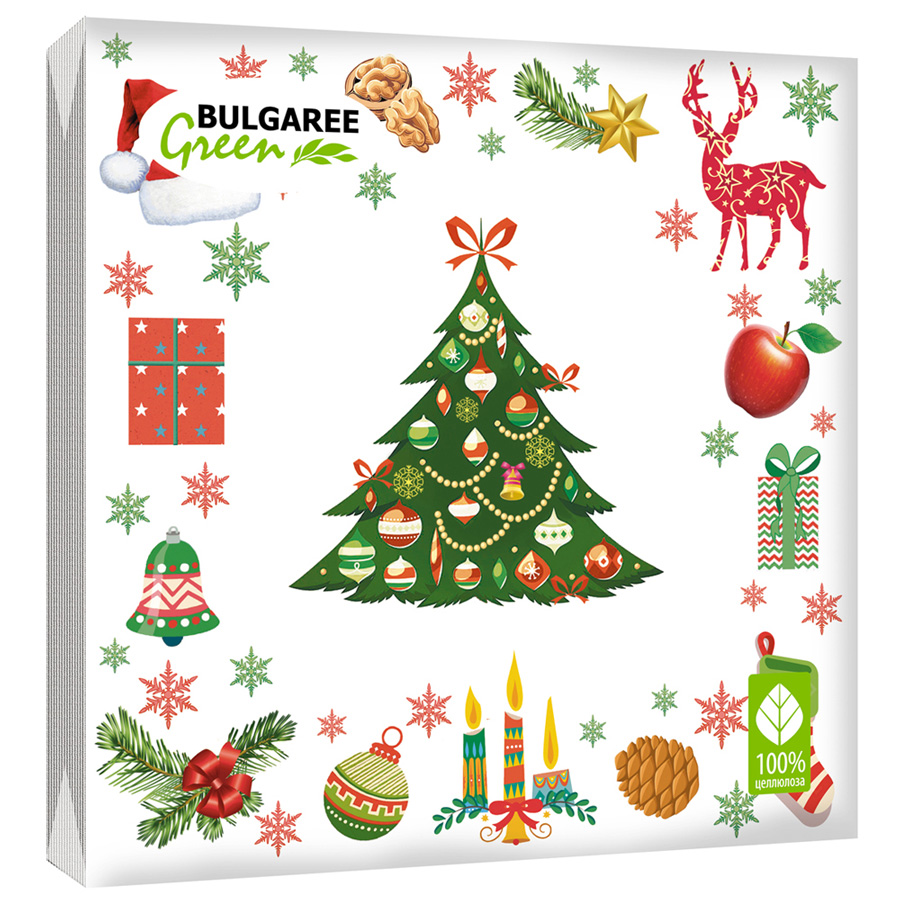 Салфетки бумажные Bulgaree Green новогодние "Новогоднее настроение" 2 слоя, 24*24см*50шт