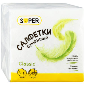 Салфетки бумажные Super Classic белые 1 слой 24*24см, 100шт