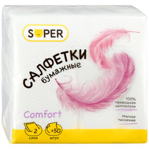 Салфетки бумажные Super Comfort белые 2 слоя 24*24см, 50шт