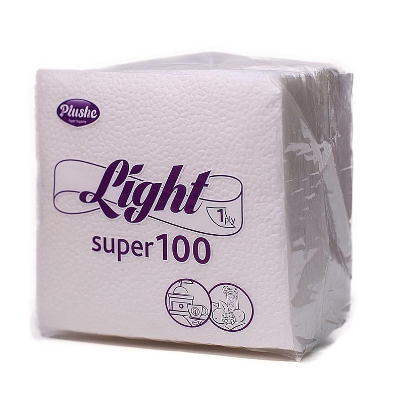 Салфетки бумажные Plushe Light Super 24x24 см белые 1-слойные 75 штук в упаковке