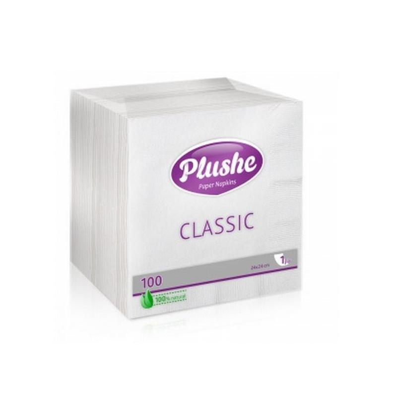 Салфетки бумажные Plushe Classic 24x24 см белые 1-слойные 100 штук в упаковке