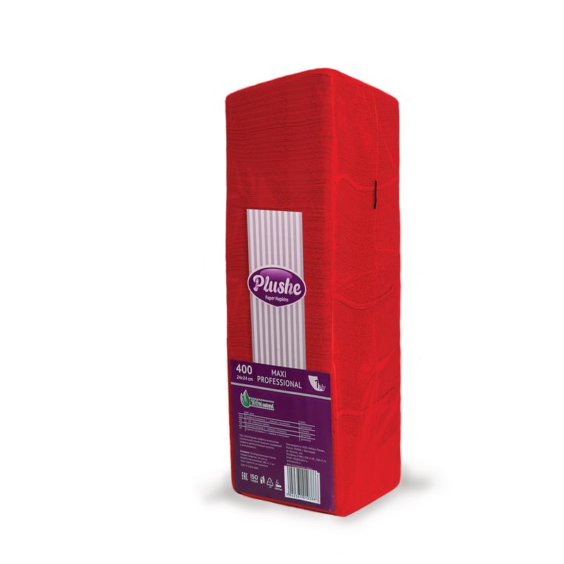 Салфетки бумажные Plushe Maxi Professional 1-слойные 24x24 см красные (400 штук в упаковке)