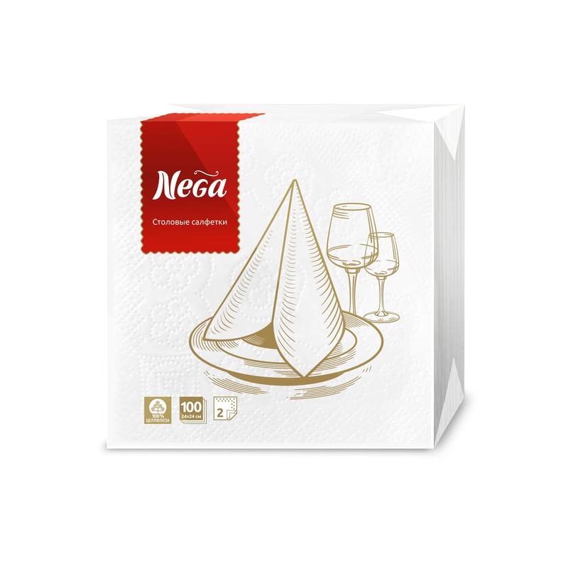 Салфетки бумажные Nega 24x24 см белые 2-слойные 100 штук в упаковке